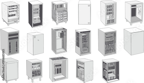 Industrial electrical control cabinet enclosure set in isometric view, technical equipment housing collection for engineering, automation, and power distribution design