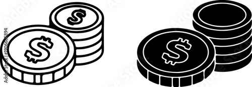 Black and white stacks of coins with dollar sign money currency