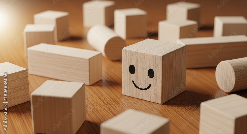 Obraz premium Wooden blocks with one smiling block on a wooden surface