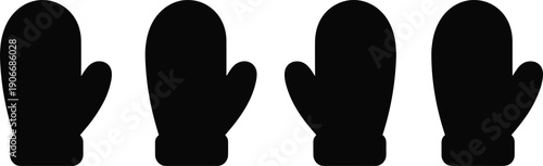 Set of black winter mitten silhouettes isolated on white background, simple cold weather glove icons in minimal vector illustration style