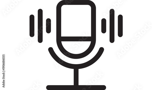 Microphone icon with sound wave bars in bold black outline, minimal flat vector symbol for podcast, voice recording, audio message, studio broadcast app UI
