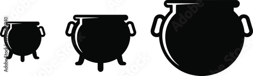Set of cauldron pot silhouettes in different sizes isolated on white background, witch cooking vessel icons in simple vector illustration style
