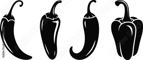 Set of chili pepper silhouettes in different shapes isolated on white background, spicy vegetable icons in simple vector illustration style