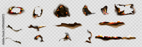 Burnt paper edges with fire and black ash. Vector realistic set of borders and frames from burnt and smoldering sheets of paper.