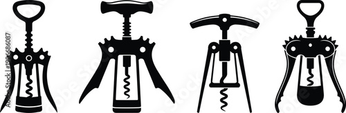 Set of corkscrew bottle opener silhouettes in different styles isolated on white background, kitchen bar tool vector illustration collection