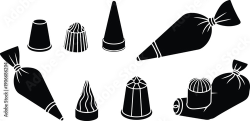 Set of piping bag and pastry nozzle silhouettes isolated on white background, baking decoration tools in simple vector illustration style