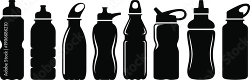 Set of plastic water bottle silhouettes in various shapes isolated on white background, reusable drink container vector icon collection