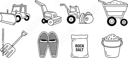 Set of snow removal equipment and winter maintenance tools line art icons isolated on white background, seasonal service vector collection