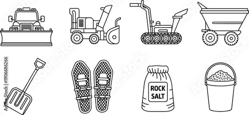 Set of snow removal equipment and winter tools line art icons isolated on white background, seasonal service vector illustration collection