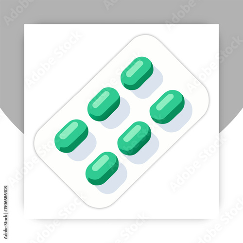 Green Medicine Capsules in Blister Pack, Pharmaceutical Drug and Healthcare Illustration,