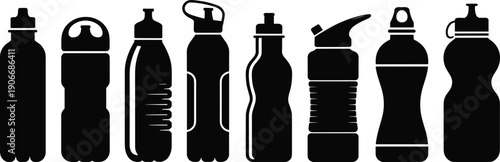 Silhouette collection of diverse water bottles with unique shapes, caps, and ergonomic designs, versatile packaging concept for hydration products