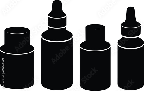 Silhouette collection of four distinct cosmetic and pharmaceutical bottles with dropper and screw-top caps, versatile packaging design for liquids