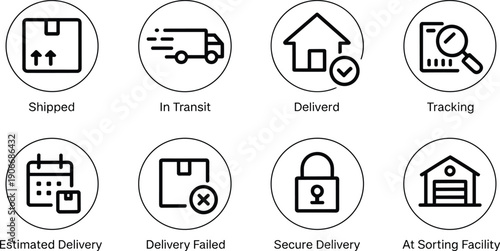 Silhouette icon set illustrating package delivery process stages including shipped, transit, tracking, estimated arrival, secure delivery, and failed attempts