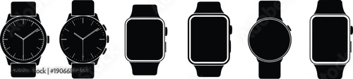 Smartwatch and wristwatch silhouette icon collection in various styles, wearable technology timepiece set isolated on light background for design