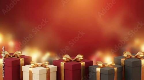 Wallpaper Mural Beautifully wrapped gifts in red, white, and gray with golden bows on elegant background Torontodigital.ca
