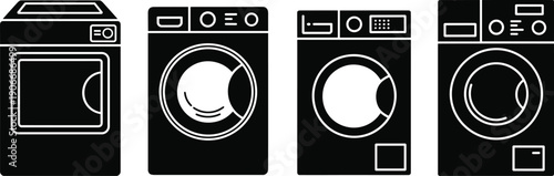 Washing machine and dryer silhouette appliance icon set, modern laundry equipment collection isolated on light background for home design