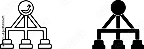 Black and white stick figures with arrows and boxes line simple business organization chart