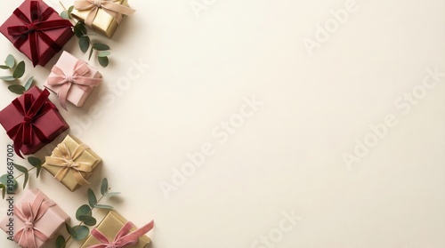 Wallpaper Mural Beautifully wrapped gifts in red, pink, and gold with eucalyptus leaves on cream background Torontodigital.ca