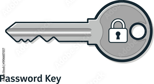 A large gray key with a lock symbol on its circular head is prominently displayed on a clean white background as a vector illustration.