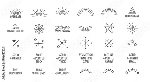 Geometric burst icons, solid appointed tick marks, and decorative lines vector graphics for presentation or website design, Isolated on transparent background, png