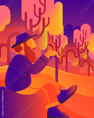 Illustration of an old wise man sat in a forest looking at the view