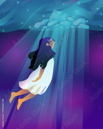Dreamy underwater scene with a woman swimming towards beams of light at the surface