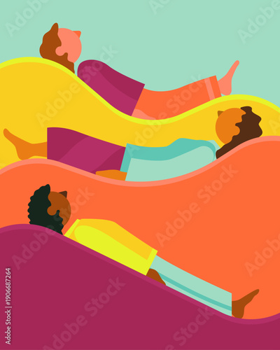 Conceptual illustration of three people lying down and relaxing