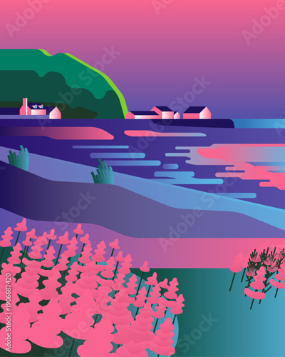 Coastal landscape with flowers a harbour by the ocean sea, quite, moody with sunrise