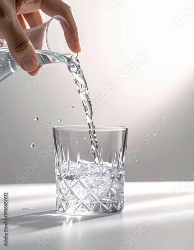 Wallpaper Mural Close Up Of Hand Pouring Clear Water Into Ornate Glass With Splashes And Reflections In Bright Studio Lighting Torontodigital.ca