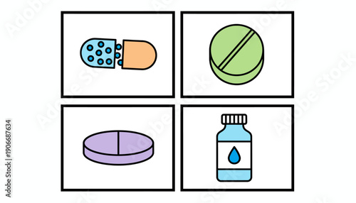 A row of four colorful medical icons including capsules, a pill, and a liquid medicine bottle on a white background.