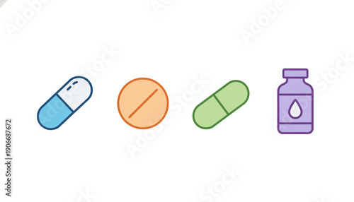 A row of four colorful medical icons including capsules, a pill, and a liquid medicine bottle on a white background.