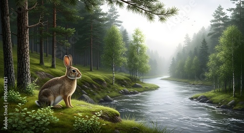 Cute Bunny by the Riverside in a Dense Forest