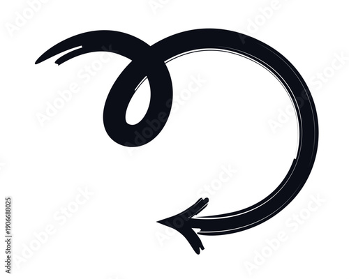 Big round arrow with loop bold thick stroke graphic element. Circular curve turning sharply left. Playful swirl. Expressive grunge marker highlight pointer. Ink rough direction. Vector illustration