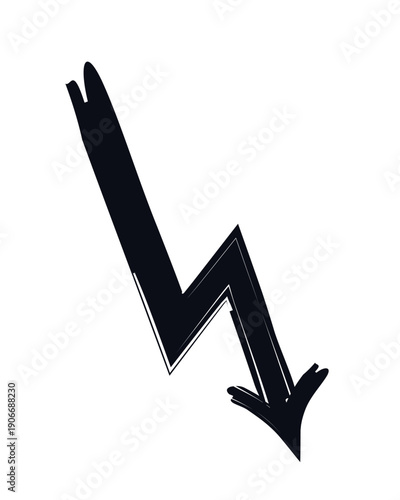 Sharp angular lightning arrow bold thick stroke graphic element. Zigzag pointing downward. Jagged sudden drop. Expressive grunge marker highlight pointer. Ink rough direction. Vector illustration