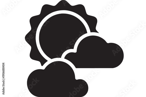 Sun behind clouds icon with black and white elements, simple design, weather symbol featuring forecast, meteorology, illustration with graphic and element elements, clean composition on simple