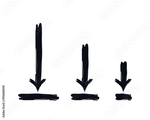 Download arrows bold thick stroke graphic element set. Pointing downward. Save icon. Upload load. Data movement. Expressive grunge marker highlight pointers. Ink rough direction. Vector illustration