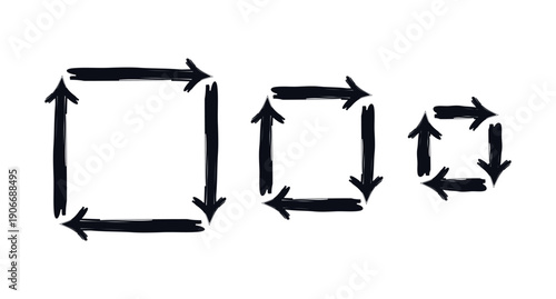 Square arrows in clockwise rotation bold thick stroke graphic element set. Process flow. Continuous movement. Expressive grunge marker highlight pointers. Ink rough direction. Vector illustration