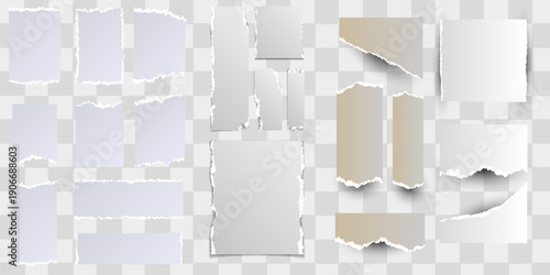 White realistic torn or ripped paper strip collection with grunge edges. Torn notebook page or scrap note with damaged border.
