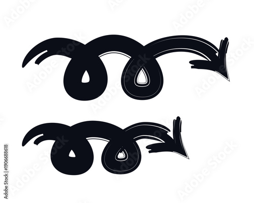 Playful loop arrows bold thick stroke graphic element set. Repeating looped curves and final downward point. Expressive grunge marker highlight pointers. Ink rough direction. Vector illustration