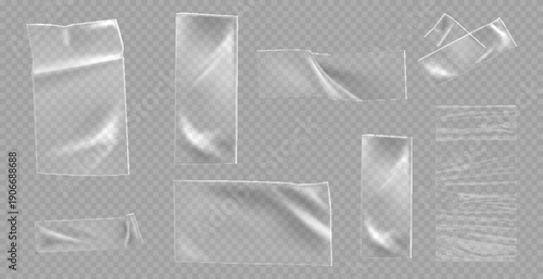 Transparent adhesive plastic tape pieces and cross for fixing isolated on transparent background. Crumpled adhesive plastic