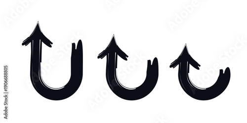 Hook arrows upward left bold thick stroke graphic element set. U-shape curved tail signs of varying size. Expressive grunge marker highlight pointers. Ink rough direction. Vector illustration