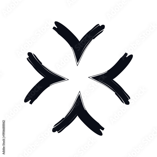 Four arrows pointing inward bold thick stroke graphic element. Convergence focus. Centralization target. Expressive grunge marker highlight pointer. Ink rough direction. Vector illustration