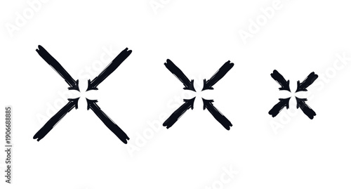 Diagonal arrows pointing to center bold thick stroke graphic element set. Focus inward to shared centralization. Expressive grunge marker highlight pointers. Ink rough direction. Vector illustration