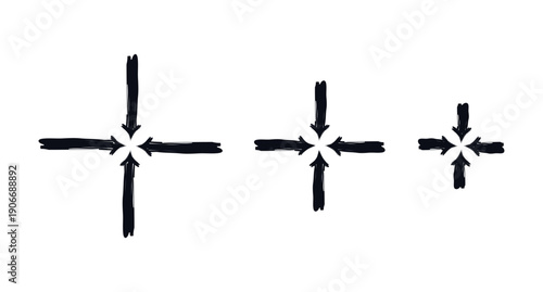 Straight arrows point to common center bold thick stroke graphic element set. Inward target. Alignment icon. Expressive grunge marker highlight pointers. Ink rough direction. Vector illustration