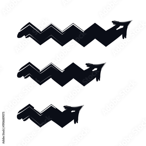 Angular sharp zigzag right arrows bold thick stroke graphic element set. Jagged pointing to upper rightward. Expressive grunge marker highlight pointers. Ink rough direction. Vector illustration