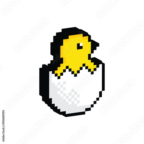 3D isometric pixel art chicken in an egg 8 bit vector icon for computer game logo
