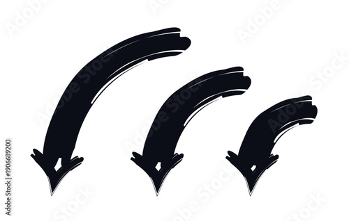 Curved down arrows in sweeping motion bold thick stroke graphic element set. Downward arc. Left curve. Expressive grunge marker highlight pointers. Ink rough direction. Vector illustration
