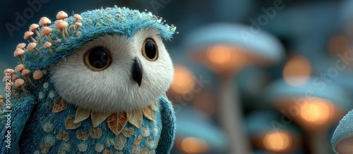 Wallpaper Mural A whimsical, animated owl adorned with tiny mushrooms and teal embellishments Torontodigital.ca