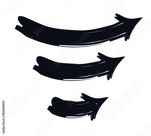 Curved up arrows bold thick stroke graphic element set. Smooth curve pointing upward. Optimistic move. Expressive grunge marker highlight pointers. Ink rough direction. Vector illustration
