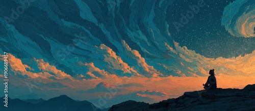 Wallpaper Mural Dramatic sunset sky over a mountaintop, featuring a solitary figure meditating Torontodigital.ca